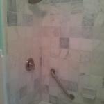 NEW 6X6 MARBLE BATH SURROUND TILE WITH GRAB BAR AND MOEN BRUSHED