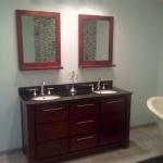CUSTOM EURO VANITY WITH BLACK GRANITE BN NICKEL FAUCETS DUAL MIRRORS OVER 12X12 ITALIAN PORCELIN TILE